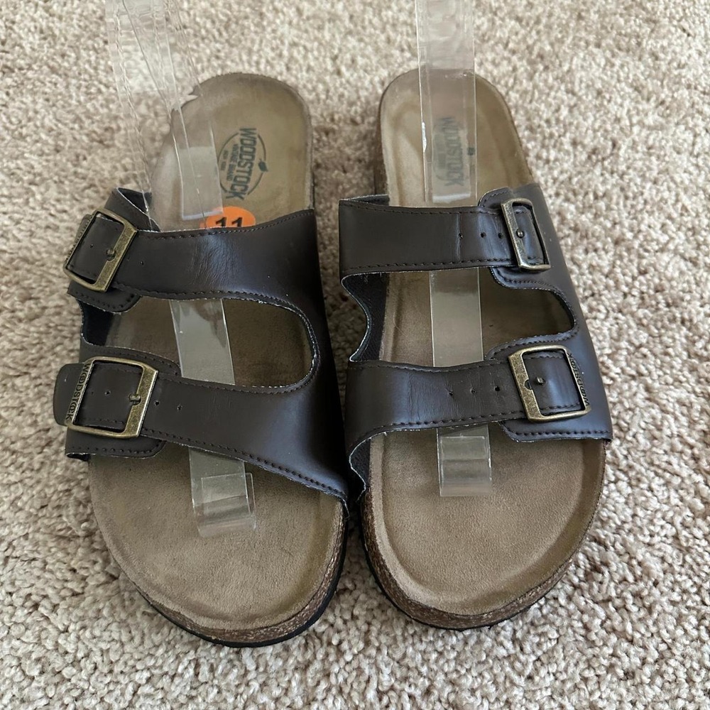 Woodstock Sandals Men 11 Brown Double Buckle Strap Cork Slide Comfort Shoes